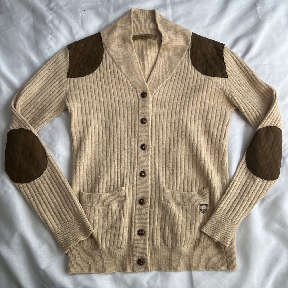 Vintage Dubarry Lambswool Blend Cardigan Sweater Suede Patches Size S (EU 36)